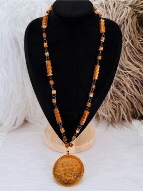 Vintage Carved Sun Face Medallion Pendant Necklace Amber Brown Beads